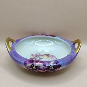 Antique M.Z. Austria Signed Purple Pansy Floral Porcelain Bowl With Handles